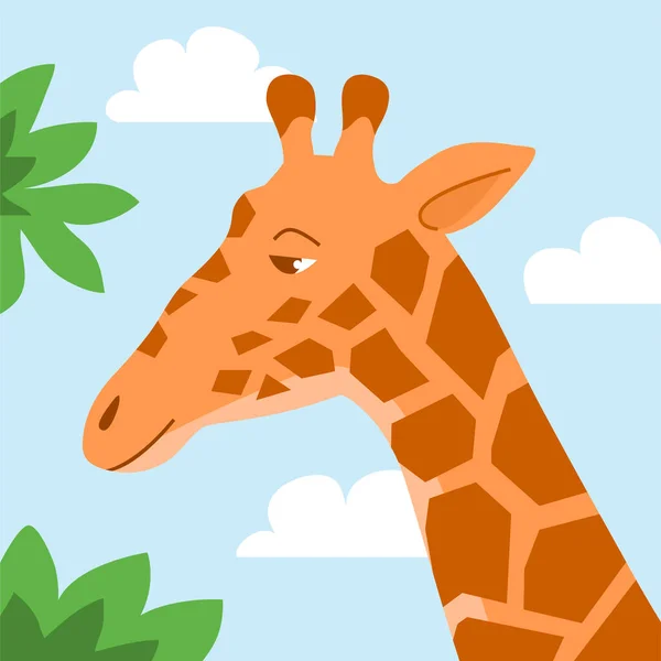Cartoon Tall Giraffe Head Animal Eating Tree Leaves African Herbivore — Stockový vektor