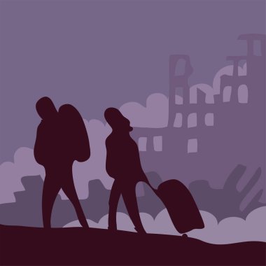 Family of refugees in a destroyed city. Man and woman in the ruins. The terrible consequences of war, earthquake and natural disaster. Panorama landscape with destroyed buildings. Vector illustration
