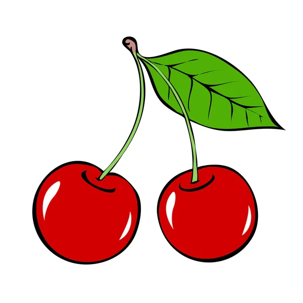 Reife Kirsche Zwei Rote Beeren Mit Einem Blatt Nahaufnahme Süße — Stockvektor