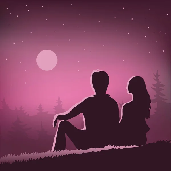 Young Couple Beautiful Night Landscape Silhouette Man Girl Violet Background — Vetor de Stock