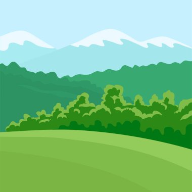 Doğanın yaz manzarası. Yeşil ormanları, tepeleri, tarlaları, dağları ve mavi gökyüzü olan bir panorama. Kırsal manzara. Düz vektör illüstrasyonu