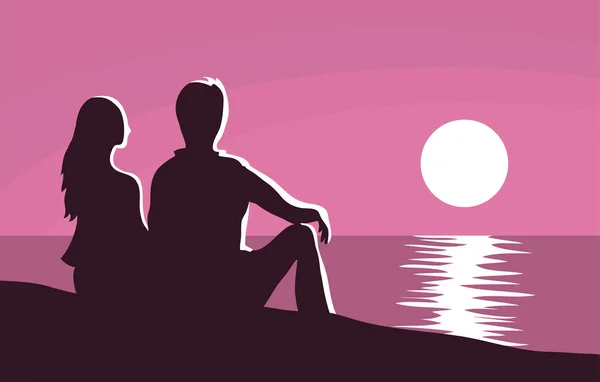 美しい海の景色を持つ若いカップル 夕方の日没 紫の背景に男と女のシルエット 愛する人々が海岸に座っている ベクトル漫画ロマンチックなイラスト — ストックベクタ
