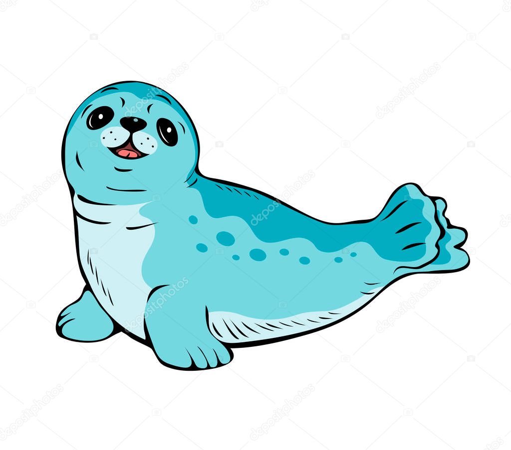 Cute seal. Arctic marine mammal. Friendly waterfowl. Vector cartoon art illustration isolated on white background. Hand drawn outline style