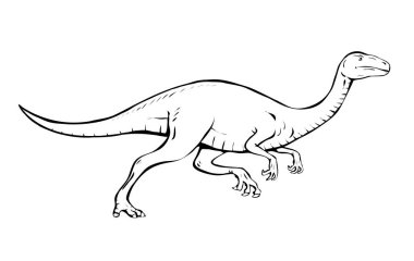 Eski pangolin. Jurasik dönemin otçul dinozoru. Yeşil kertenkele kaçıyor. Tarih öncesi hayvan ve paleontoloji. Siyah-beyaz sanat çizimi. Resim boyası. El çizimi biçimi