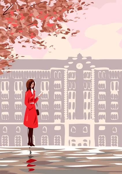Autumn Tree Alone Girl Red Coat Street Old City Beautiful — Stock Vector