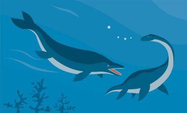 Tarih öncesi sualtı dinozoruna karşı plesiosaurus. Yırtıcı su pangolini. Dişleri olan korkunç bir çene. Eski hayvanlar. Jurasik dönemin deniz yaban hayatı. Çizgi film illüstrasyonu