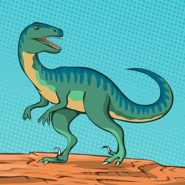 Tehlikeli pençeleri olan Velociraptor. Jurasik dönemin yırtıcı dinozoru. Güçlü avcı yırtıcı. Tarih öncesi pangolin. Çizgi film vektör çizimi el çizimi. Pop sanatının komik tarzı
