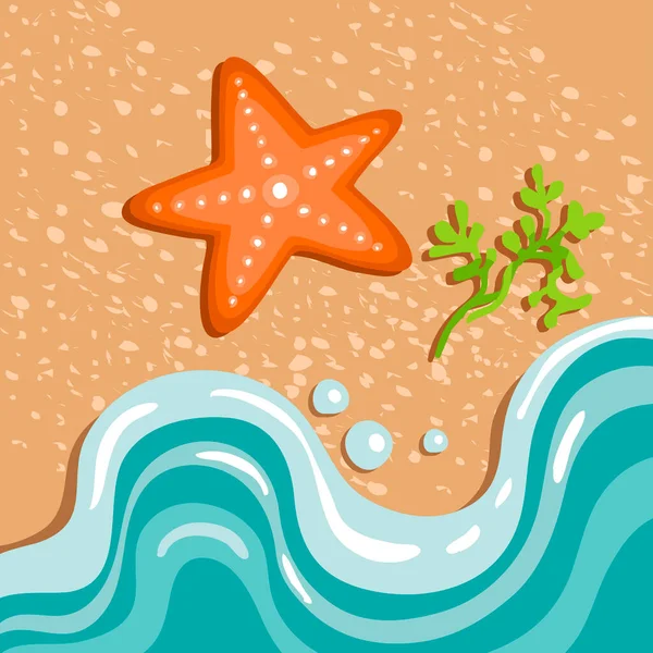 海岸のヒトデ 砂と海の波 貝の軟体動物 水中生活と動物 ビーチや夏のリゾートのシンボル 漫画ベクトルイラスト — ストックベクタ