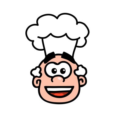 Neşeli aşçı. Beyaz şapkalı bir adamın portresi. Gülümsemenin yüzünde. Vektör karikatür çizimi beyaz arkaplanda izole edildi