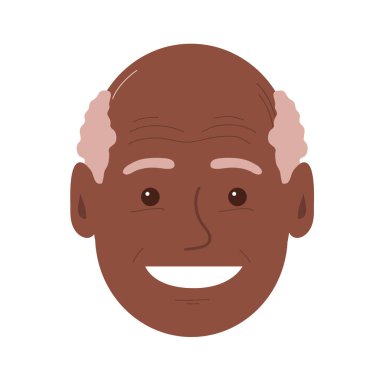 Mutlu bir gülümsemesi olan yaşlı bir adamın portresi. Gözlüklü Afro-Amerikan dede suratı. Gri saçlı. Erkek kafasının düz vektör çizimi. Beyaz arkaplanda izole