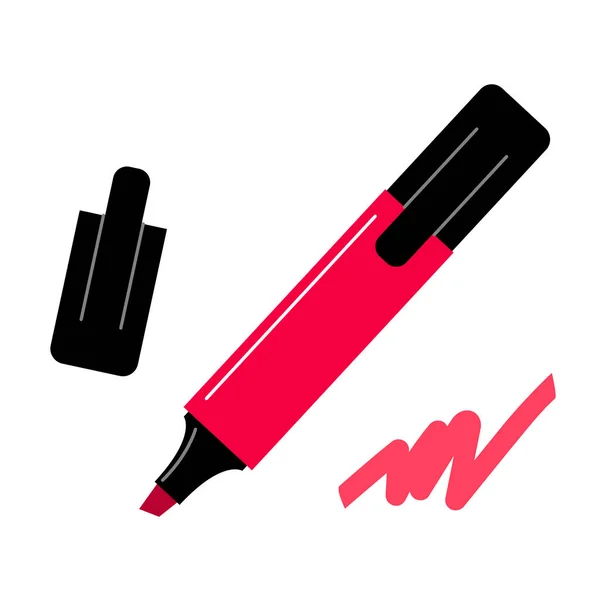 带有帽子的绘图用的永久性标识 办公用笔和艺术工具 用于下划线 书法和突出文字 高浅红色 在白色背景上孤立的矢量平面插图 — 图库矢量图片