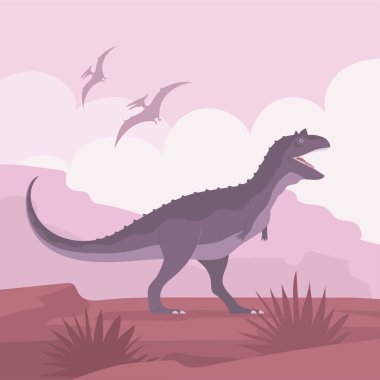 Antik Pangolin Karnotaurus. Başında boynuzları olan tarih öncesi bir hayvan. Jurasik dönemin etobur dinozoru. Bilim paleontolojisi. Vektör karikatür çizimi. Vahşi doğa