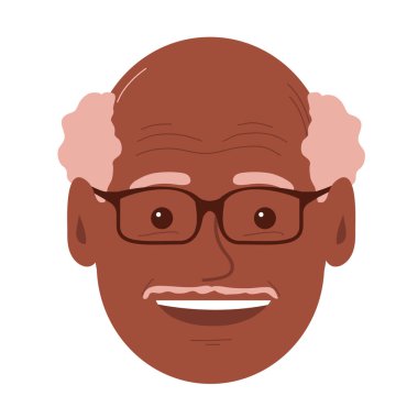 Mutlu bir gülümsemesi olan yaşlı bir adamın portresi. Gözlüklü Afro-Amerikan dede suratı. Gri saçlı. Erkek kafasının düz vektör çizimi. Beyaz arkaplanda izole