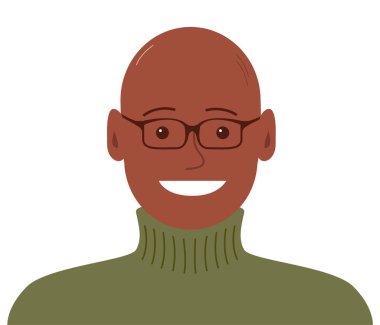 Mutlu bir gülümsemesi olan neşeli genç bir adamın portresi. Gözlüklü Afro-Amerikan yüzü. Süveter giymişti. Erkek kafasının düz vektör çizimi. Beyaz arkaplanda izole