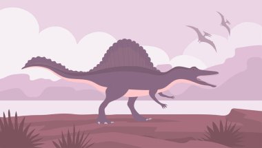 Jurasik dönemin Spinosaurus yırtıcı dinozor avcısı. Arkasında yüzgeç plakası var. Tarih öncesi pangolin hayvanı. Vektör karikatür çizimi. Vahşi doğa arka planı