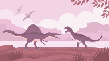 Carnotaurus spinosaurus 'a karşı. Etçil kertenkeleler. Jurasik dönemin antik dinozorları. Vektör karikatür çizimi. Tarih öncesi doğa geçmişi. Vahşi doğa