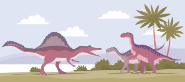 Iguanodon, spinosaurus 'a karşı. Jurasik dönemin antik dinozorları. Vektör karikatür çizimi. Tarih öncesi doğa geçmişi. Vahşi doğa