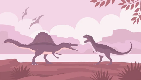 Carnotaurus Spinosaurus Carnivorous Lizards Ancient Dinosaurs Jurassic Period Vector Cartoon — Stock Vector
