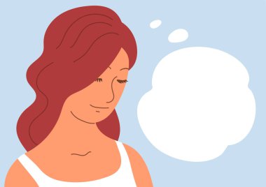 Bir şeyin hayalini kuran güzel genç bir kadın. Kapalı gözler, yüzünde mutlu bir gülümseme. Metin için yeri olan boş baloncuk. Düz vektör izole çizimi