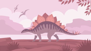 Kuyruğunda çiviler olan bir Stegosaurus. Jurasik dönemin otçul dinozoru. Tarih öncesi vahşi yaşam manzarası. Çizgi film vektör illüstrasyonu
