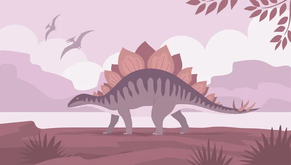 Stegosaurus Con Púas Cola Dinosaurio Herbívoro Del Período Jurásico Paisaje — Vector de stock