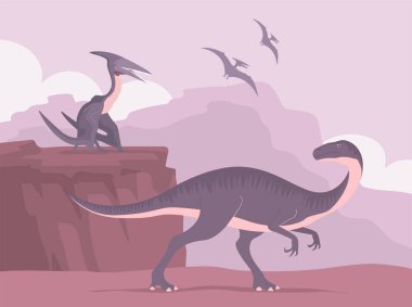 Antik dinozorlar pangolin. Uçan Pterozor 'lar. Jurasik dönemin dinozoru. Bilim paleontolojisi. Tarih öncesi doğanın vektör karikatürü