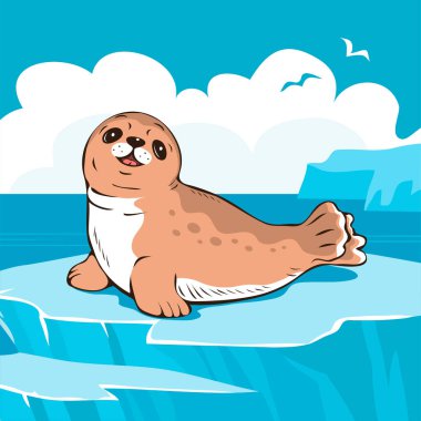 Şirin kürk foku. Kuzey Kutbu deniz memelisi. Buz üstünde genç bir hayvan ve kuzey kutbu manzarası. Hayvanat bahçesi. Çizgi film vektörü çocuk çizimi el çizimi