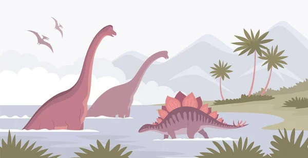 ブラチオサウルスとステゴサウルスだ 水の中で入浴する ジュラ紀の草食恐竜 ベクトル漫画イラスト 先史時代のパンゴリン 科学の古生物学 野生の風景 — ストックベクタ