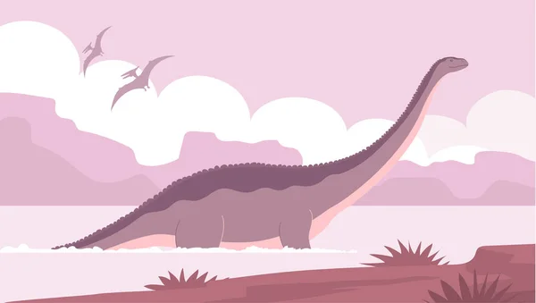 Big Brontosaurus Long Neck Bathes Water Ancient Lizard Apatosaurus Herbivorous — Stock Vector