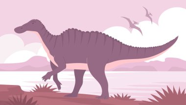 Büyük hadrosaurus. Suda banyo yapıyor. Eski kertenkele. Jurasik dönemin otçul dinozoru. Vektör karikatür çizimi. Tarih öncesi doğa. Göl manzaralı vahşi bir yer