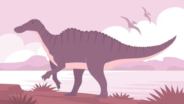 大きなハドロサウルス 水の中の風呂 古代のトカゲ ジュラ紀の草食恐竜 ベクトル漫画イラスト 先史時代の自然 湖と野生の風景 — ストックベクタ