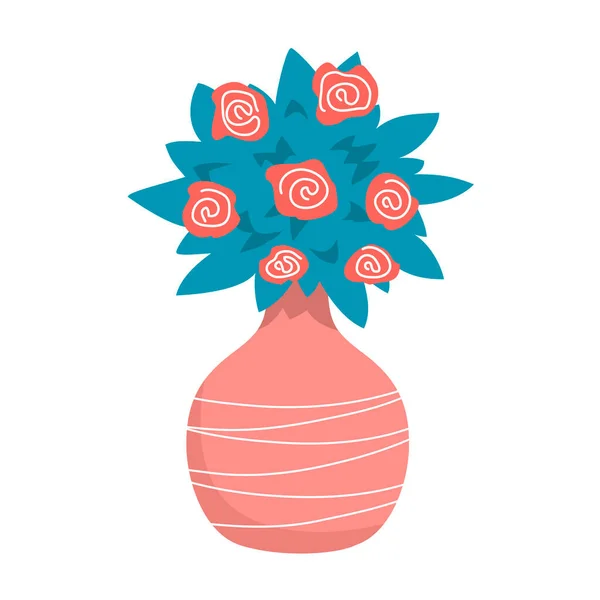 Dekorative Vase Für Hausblumen Mit Streifenmuster Rote Rosen Element Eines — Stockvektor