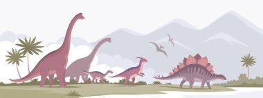 Uzun boyunlu büyük bir brachiosaurus, parazaurolophus, stegosaurus. Jurasik dönemin otçul dinozoru. Vektör karikatür çizimi. Tarih öncesi pangolin. Bilim paleontolojisi. Vahşi doğa