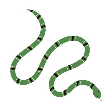 Zehirli yeşil yılan. Çizgili desenli egzotik bir sürüngen. Sürünen vahşi sürüngen. Tropik bir hayvan. Vahşi yaşam ve hayvan. Beyaz arkaplanda izole edilmiş vektör düz illüstrasyon