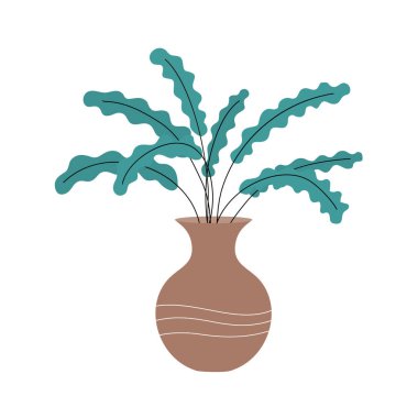 Ev çiçekleri için dekoratif vazo. Yeşil bitkileri olan esrar. Odanın içindeki bir nesne. Antik tarz ve tasarım. Düz vektör çizimi beyaz arkaplanda izole edildi