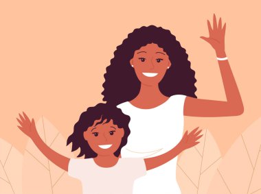 Küçük kızı olan mutlu bir anne. Afro-Amerikan ailesi. Güzel insanlar, kadın. Hoş geldin jest. Düz vektör illüstrasyon insanları