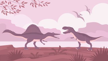 Tyrannosaur spinosaurus 'a karşı. Etçil kertenkeleler. Büyük Pangolin Rex. Jurasik dönemin antik dinozorları. Vektör karikatür çizimi. Tarih öncesi doğa geçmişi. Vahşi doğa