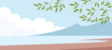 Sahili ve dağları olan deniz manzarası. Ağaç dalı. Vahşi sahil. Yaz denizi. Güzel doğa. Düz vektör resimleme arkaplanı