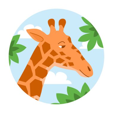 Çizgi film gibi uzun zürafa. Baş hayvan. Ağaç yaprağı yemek. Afrika otçul memelileri. Hayvanat bahçesi ve safari. Bebekleri izole etme simgesi