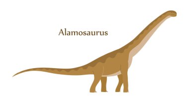 Uzun boyunlu ve kuyruklu büyük bir alamosaurus. Jurasik dönemin otçul dinozor sauropodları. Tarih öncesi kertenkele. Vektör karikatür çizimi beyaz arkaplanda izole edildi