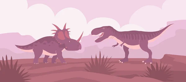 Styracosaurus Tyrannosaurus Rex Lucha Lagartos Ceratops Con Cuernos Peligrosos Dinosaurio — Vector de stock