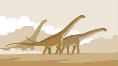 Uzun boyunlu ve kuyruklu büyük sauropodlar. Dağ çölünde kertenkele sürüsü. Jurasik dönemin otçul dinozor sauropodları. Tarih öncesi pangolin. Vektör çizgi film illüstrasyonu