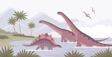 Büyük sauropodlar ve stegosaurus. Kertenkeleler suda yıkanır. Jurasik dönemin otçul dinozoru. Tarih öncesi pangolin. Bilim paleontolojisi. Vahşi doğa. Vektör çizgi film illüstrasyonu