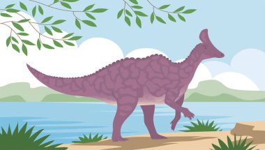 Tarih öncesi bir manzaranın arka planında büyük bir hadrosaurus