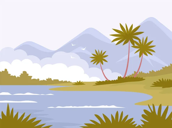 Paysage Avec Forêt Tropicale Palmiers Montagne Lac Rivage Forêt Tropicale — Image vectorielle