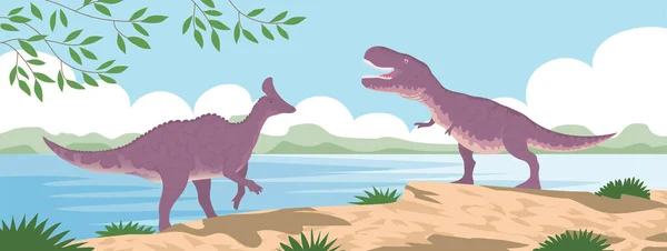Big Hadrosaurus Tyrannosaurus Rex Prehistoric Landscape — Vector de stock