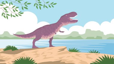 Jurasik dönemin yırtıcı dinozor tyrannosaurus rex 'i. Etçil kertenkele. Tarih öncesi güçlü avcı. Göl manzaralı vahşi bir yer. Çizgi film vektör illüstrasyonu