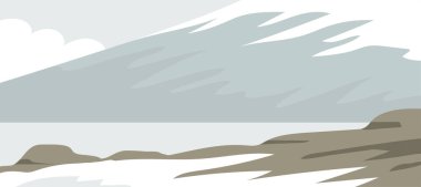 Kuzey Kutbu ya da Antarktika 'nın soğuk manzarası. Kar, kayalar, dağlar ve deniz. İzlanda 'nın, Norveç' in, Alaska 'nın vahşi yaşamı. Doğa ve seyahat. Arkaplan için düz vektör çizimi