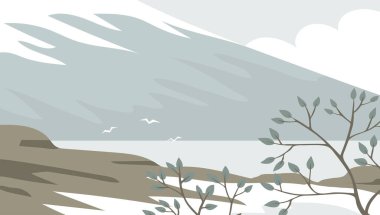 İzlanda 'nın soğuk manzarası. Kar, kayalar, ağaç, dağlar ve deniz. İzlanda 'nın, Norveç' in, Alaska 'nın vahşi yaşamı. Doğa ve seyahat. Arkaplan için düz vektör çizimi