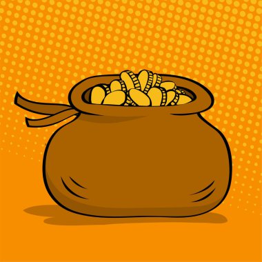 Bag of gold coins. Wealth and success. Financial savings. Idea of earning. Found treasure. Pouch of gold. Cartoon vector illustration in pop art style